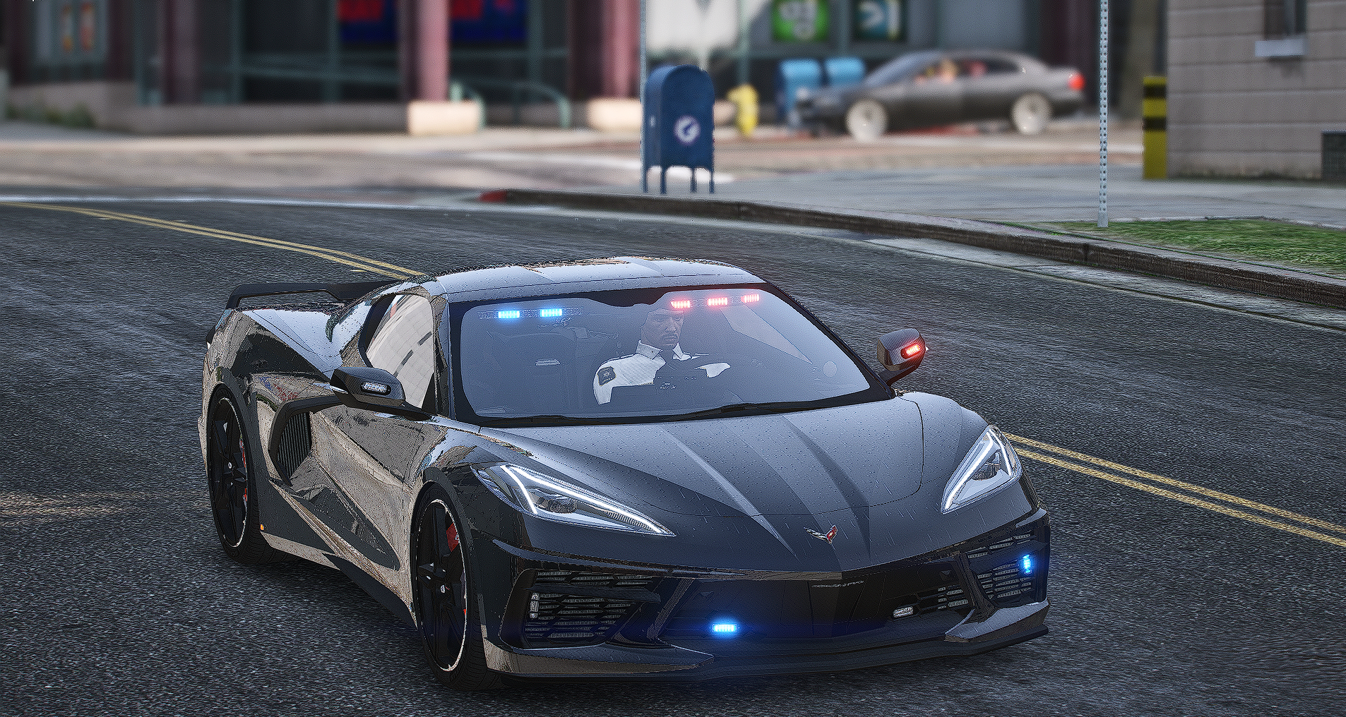 Police cruiser under neon lights